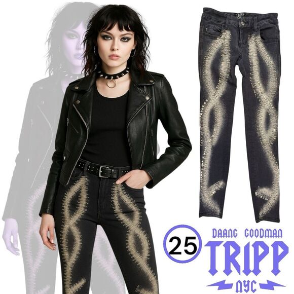 Tripp Pants Women's 25 Drk Gray  Safety Pin Details Distressed Goth Grunge Rock - Picture 1 of 11